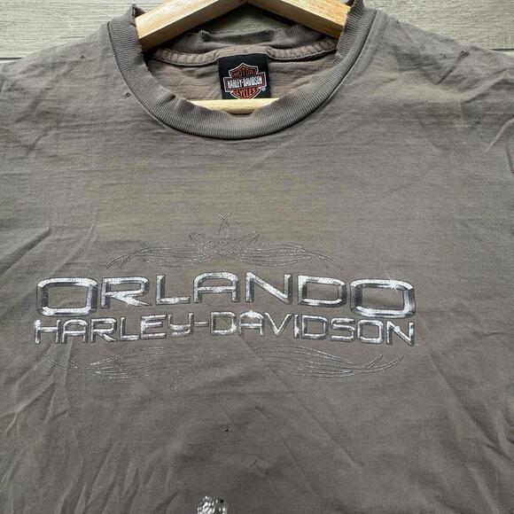 VTG Harley-Davidson Orlando T-Shirt Brown USA Made Flame Size L Y2K Disdressed - Picture 5 of 7